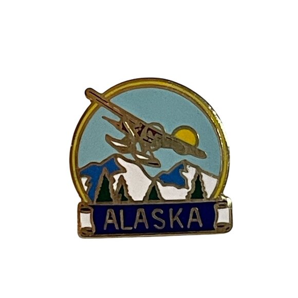 Alaska Souvenir Epoxy Tie Lapel Pin Script Sea Airplane and Mountain Design u - Picture 3 of 9